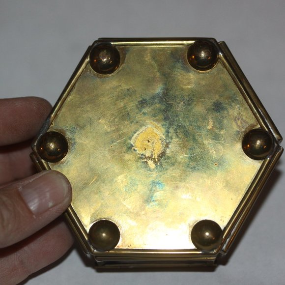Vintage Glass Etched Flower Blue Clear Brass Trinket Jewelry Box - Picture 4 of 4